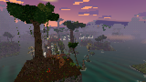 Jungle temple: a giant tree on a rock island at dusk, surrounded by water.